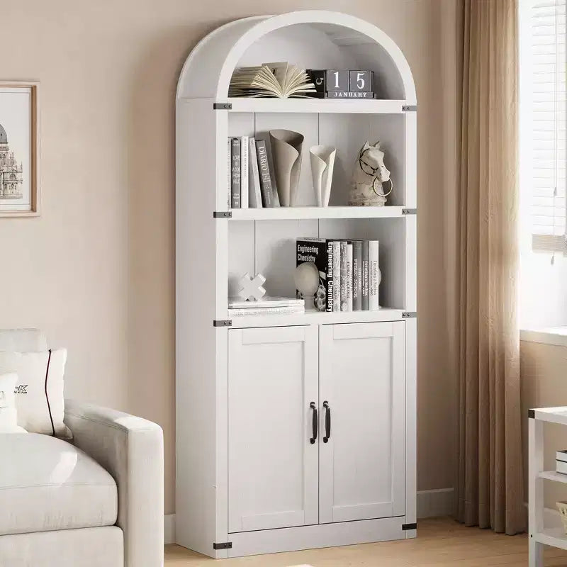 Bookcase with Doors Arched Bookshelf 71.65 in Tall Bookcase Farmhouse Cabinet with Shelves Wooden Bookshelves for Home Office, Living Room