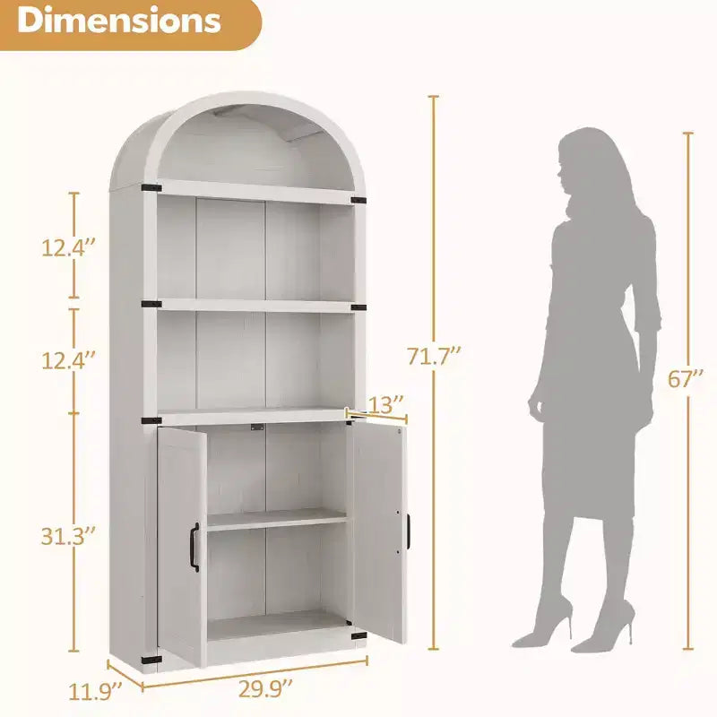 Bookcase with Doors Arched Bookshelf 71.65 in Tall Bookcase Farmhouse Cabinet with Shelves Wooden Bookshelves for Home Office, Living Room
