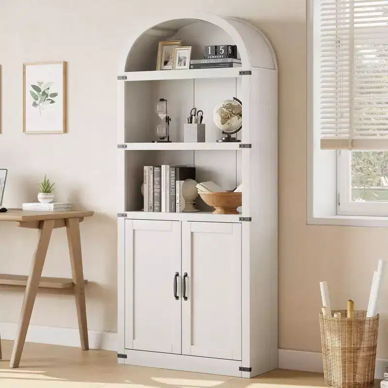 Bookcase with Doors Arched Bookshelf 71.65 in Tall Bookcase Farmhouse Cabinet with Shelves Wooden Bookshelves for Home Office, Living Room