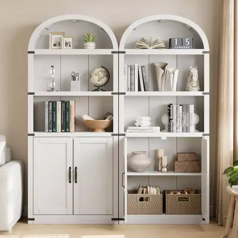 Bookcase with Doors Arched Bookshelf 71.65 in Tall Bookcase Farmhouse Cabinet with Shelves Wooden Bookshelves for Home Office, Living Room
