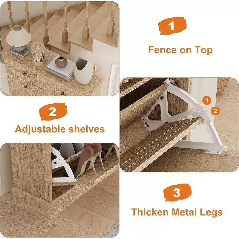 42 Tall Narrow Fluted Shoe Cabinet, 2 Flip Drawers and Top Drawer, Curved Profile, Wooden Organizer for Entryway, Hallway