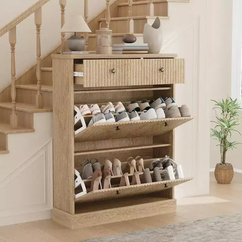 42 Tall Narrow Fluted Shoe Cabinet, 2 Flip Drawers and Top Drawer, Curved Profile, Wooden Organizer for Entryway, Hallway