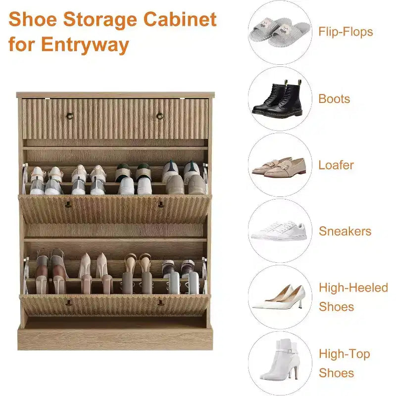 42 Tall Narrow Fluted Shoe Cabinet, 2 Flip Drawers and Top Drawer, Curved Profile, Wooden Organizer for Entryway, Hallway