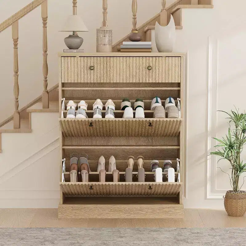 42 Tall Narrow Fluted Shoe Cabinet, 2 Flip Drawers and Top Drawer, Curved Profile, Wooden Organizer for Entryway, Hallway