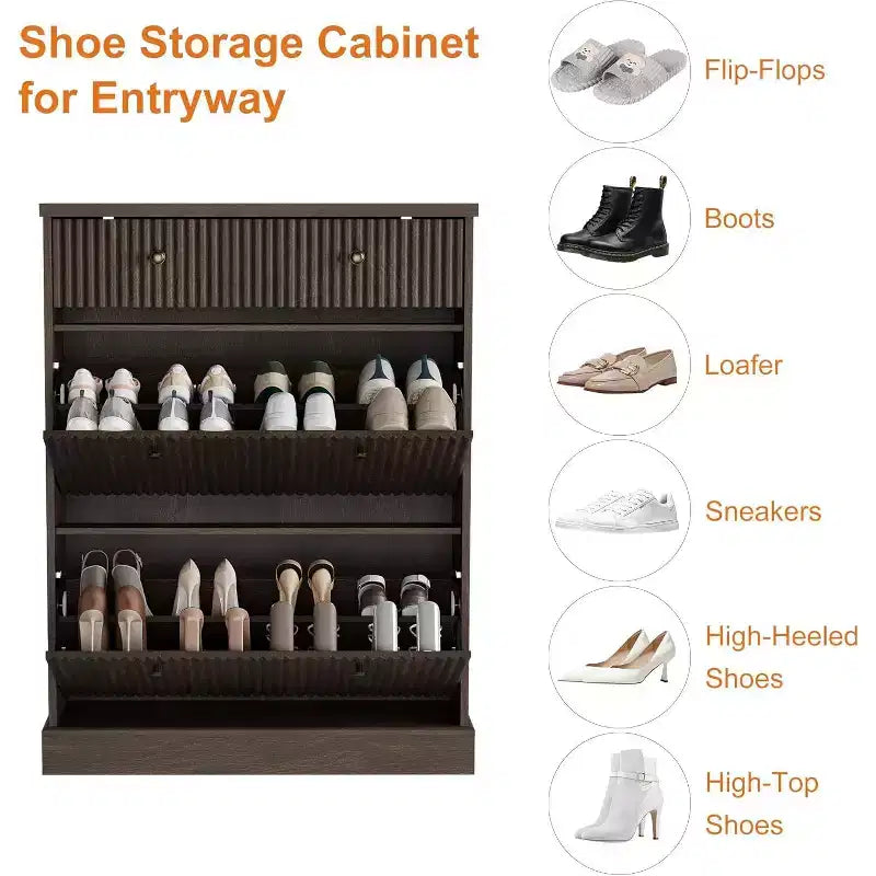42 Tall Narrow Fluted Shoe Cabinet, 2 Flip Drawers and Top Drawer, Curved Profile, Wooden Organizer for Entryway, Hallway