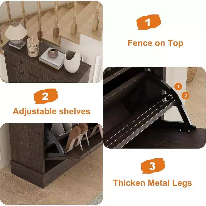 42 Tall Narrow Fluted Shoe Cabinet, 2 Flip Drawers and Top Drawer, Curved Profile, Wooden Organizer for Entryway, Hallway