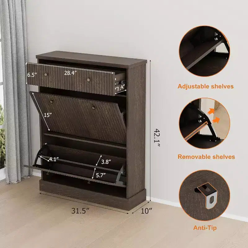 42 Tall Narrow Fluted Shoe Cabinet, 2 Flip Drawers and Top Drawer, Curved Profile, Wooden Organizer for Entryway, Hallway