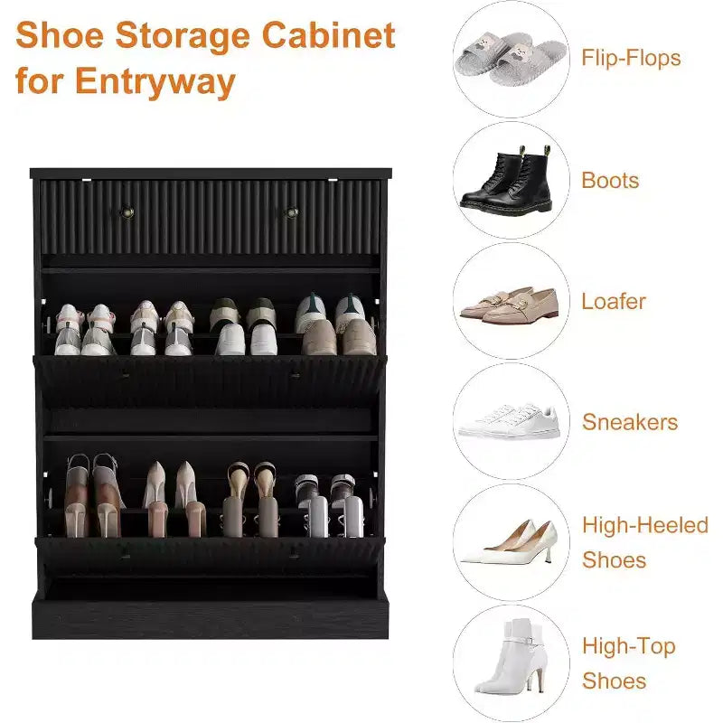 42 Tall Narrow Fluted Shoe Cabinet, 2 Flip Drawers and Top Drawer, Curved Profile, Wooden Organizer for Entryway, Hallway