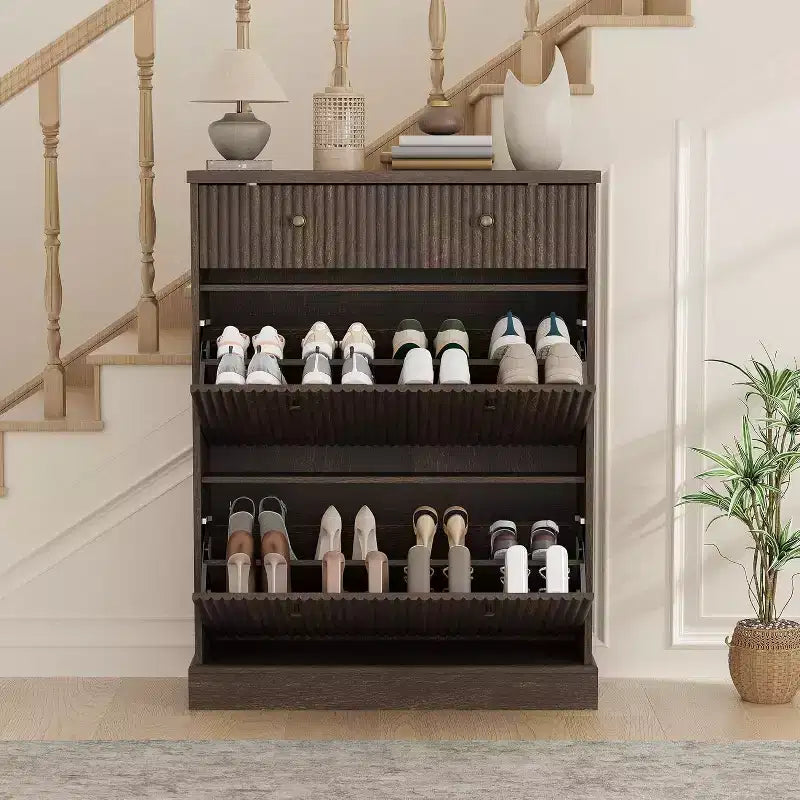 42 Tall Narrow Fluted Shoe Cabinet, 2 Flip Drawers and Top Drawer, Curved Profile, Wooden Organizer for Entryway, Hallway