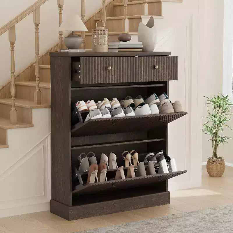 42 Tall Narrow Fluted Shoe Cabinet, 2 Flip Drawers and Top Drawer, Curved Profile, Wooden Organizer for Entryway, Hallway