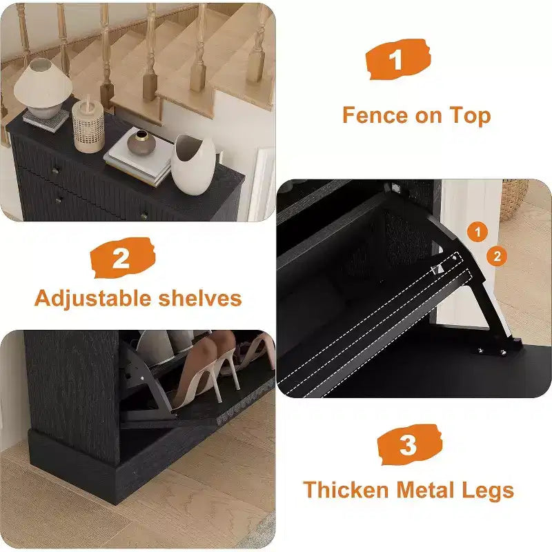 42 Tall Narrow Fluted Shoe Cabinet, 2 Flip Drawers and Top Drawer, Curved Profile, Wooden Organizer for Entryway, Hallway