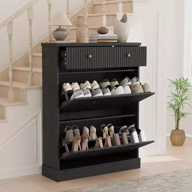 42 Tall Narrow Fluted Shoe Cabinet, 2 Flip Drawers and Top Drawer, Curved Profile, Wooden Organizer for Entryway, Hallway
