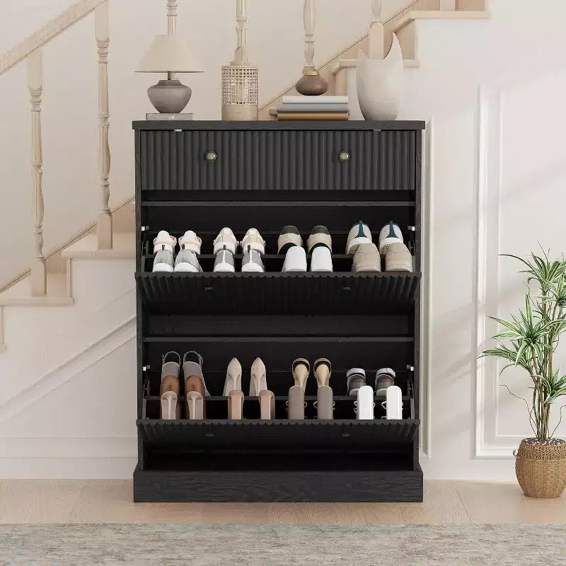 42 Tall Narrow Fluted Shoe Cabinet, 2 Flip Drawers and Top Drawer, Curved Profile, Wooden Organizer for Entryway, Hallway