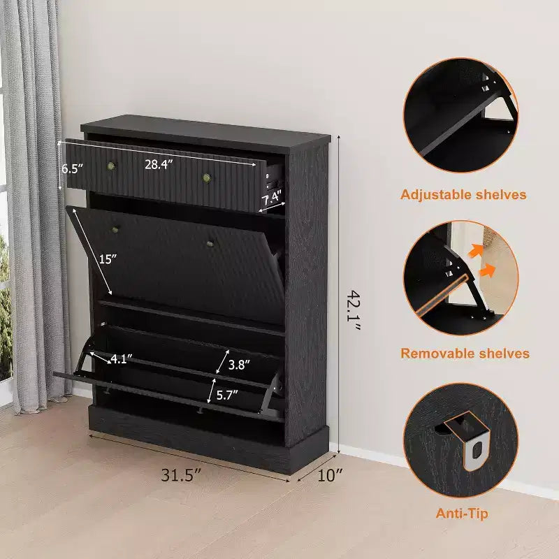 42 Tall Narrow Fluted Shoe Cabinet, 2 Flip Drawers and Top Drawer, Curved Profile, Wooden Organizer for Entryway, Hallway