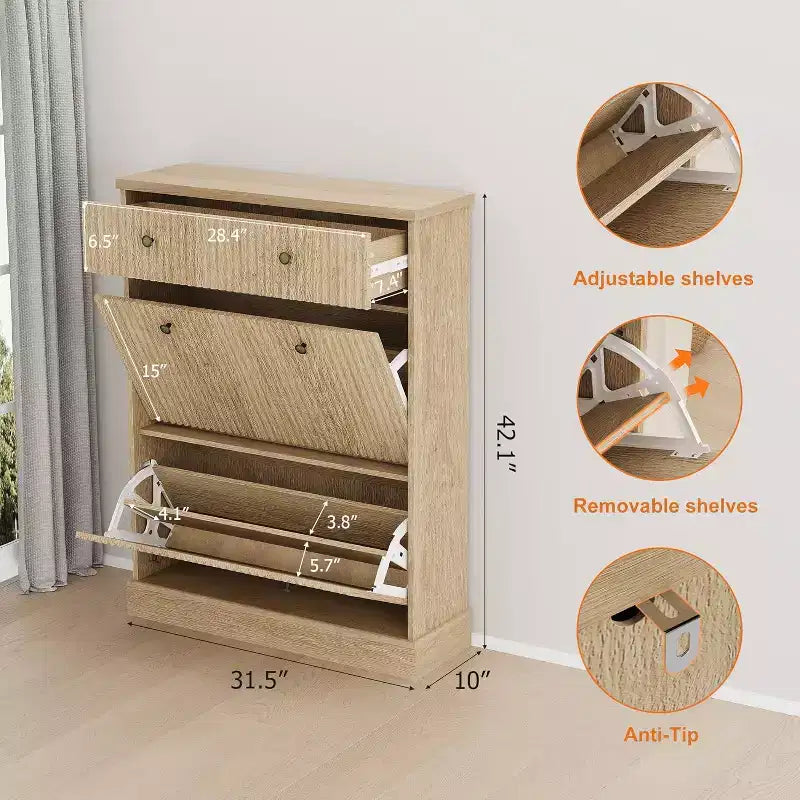42 Tall Narrow Fluted Shoe Cabinet, 2 Flip Drawers and Top Drawer, Curved Profile, Wooden Organizer for Entryway, Hallway