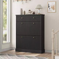 42 Tall Narrow Fluted Shoe Cabinet, 2 Flip Drawers and Top Drawer, Curved Profile, Wooden Organizer for Entryway, Hallway