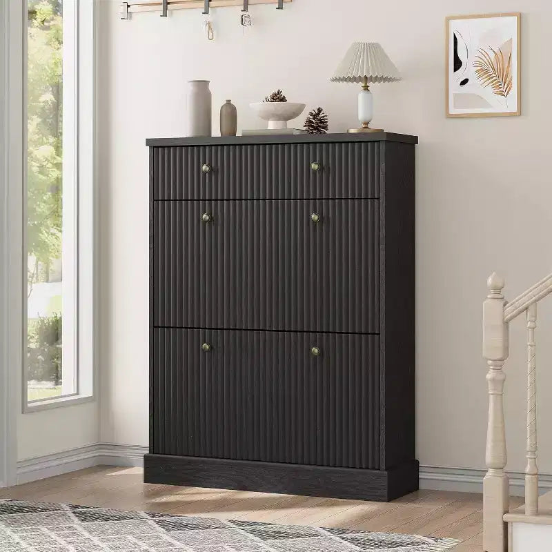 42 Tall Narrow Fluted Shoe Cabinet, 2 Flip Drawers and Top Drawer, Curved Profile, Wooden Organizer for Entryway, Hallway