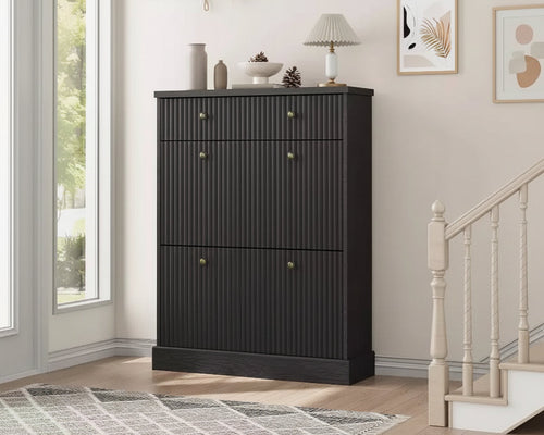 42 Tall Narrow Fluted Shoe Cabinet, 2 Flip Drawers and Top Drawer, Curved Profile, Wooden Organizer for Entryway, Hallway