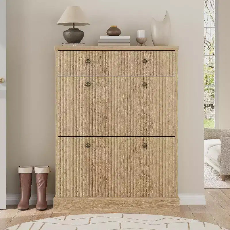 42 Tall Narrow Fluted Shoe Cabinet, 2 Flip Drawers and Top Drawer, Curved Profile, Wooden Organizer for Entryway, Hallway