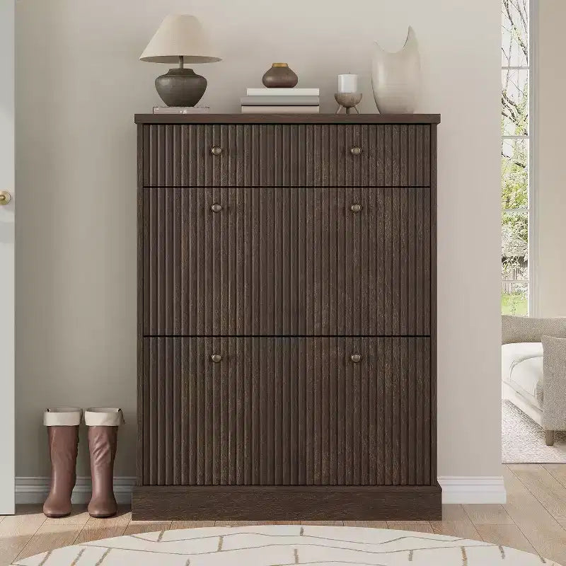 42 Tall Narrow Fluted Shoe Cabinet, 2 Flip Drawers and Top Drawer, Curved Profile, Wooden Organizer for Entryway, Hallway