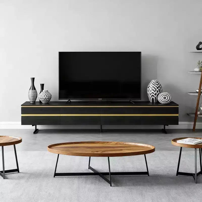 Farmhouse 86.61" Black TV Stand & Media Console with Hidden Storage Drawers, Enclosed Cabinets, Metal Legs & Cable Management