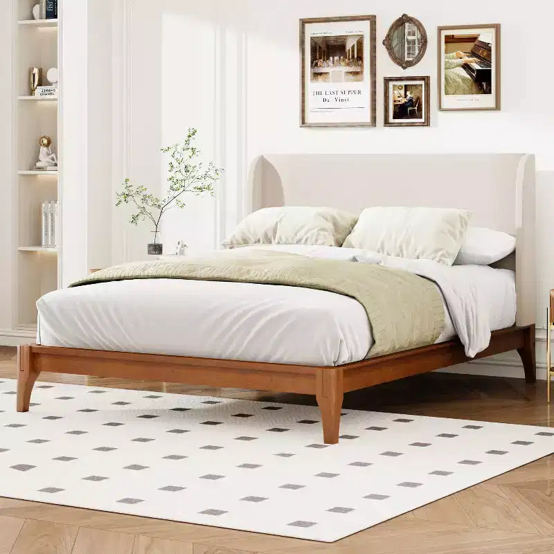 Solid Bamboo 12 Inch Platform Bed with Upholstered High Headboard