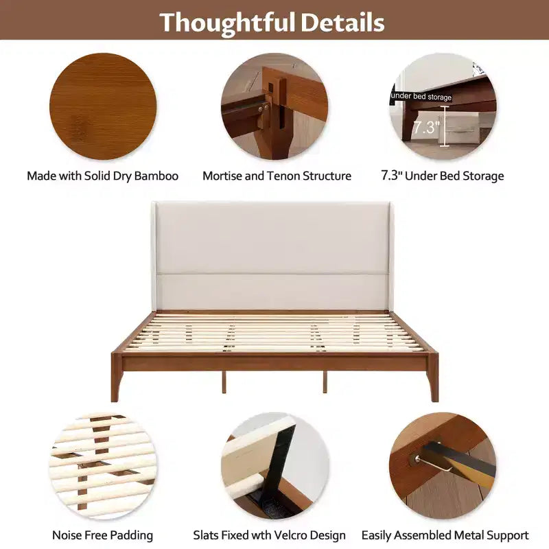 Solid Bamboo 12 Inch Platform Bed with Upholstered High Headboard