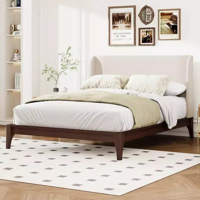 Solid Bamboo 12 Inch Platform Bed with Upholstered High Headboard