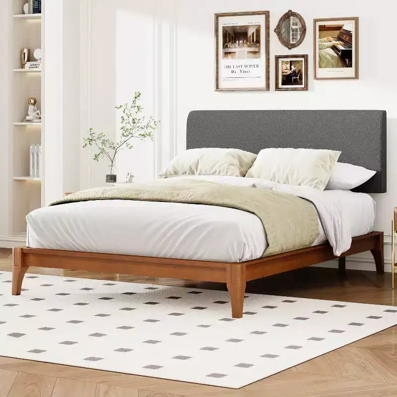Solid Bamboo 12 Inch Platform Bed with Upholstered High Headboard