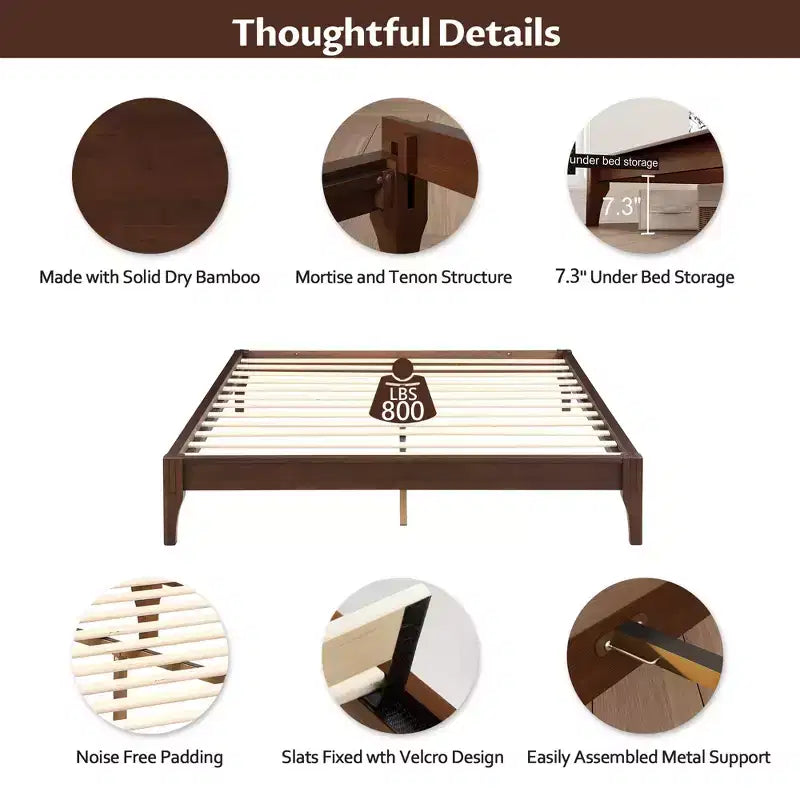 Solid Bamboo 12 Inch Platform Bed with Upholstered High Headboard