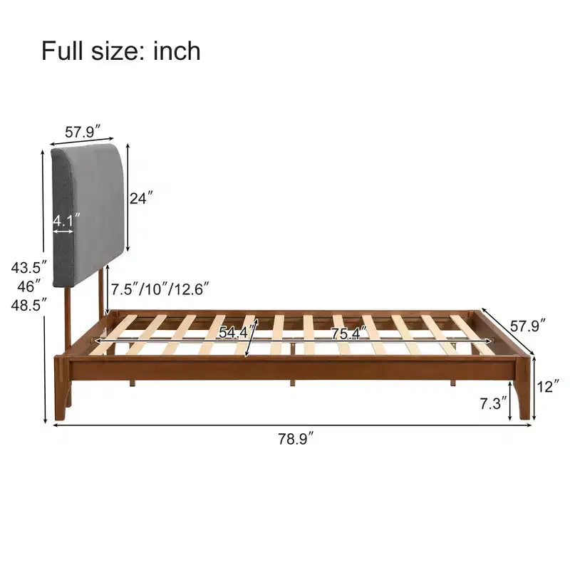 Solid Bamboo 12 Inch Platform Bed with Upholstered High Headboard