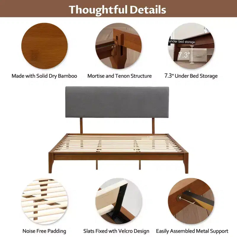 Solid Bamboo 12 Inch Platform Bed with Upholstered High Headboard