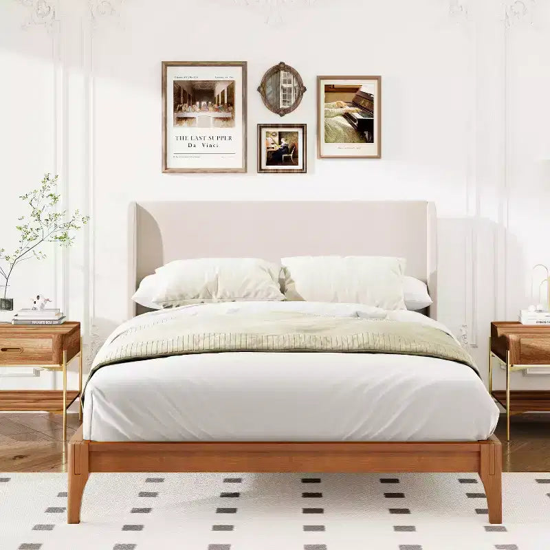 Solid Bamboo 12 Inch Platform Bed with Upholstered High Headboard