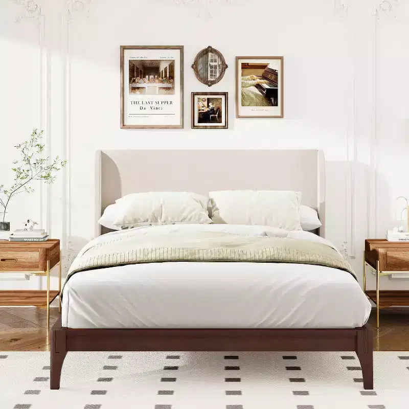 Solid Bamboo 12 Inch Platform Bed with Upholstered High Headboard