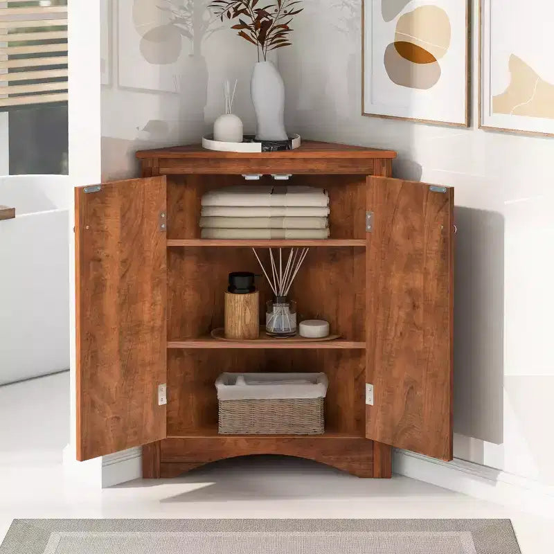 Modern Wood Bathroom Corner Storage Cabinet with Adjustable Shelf