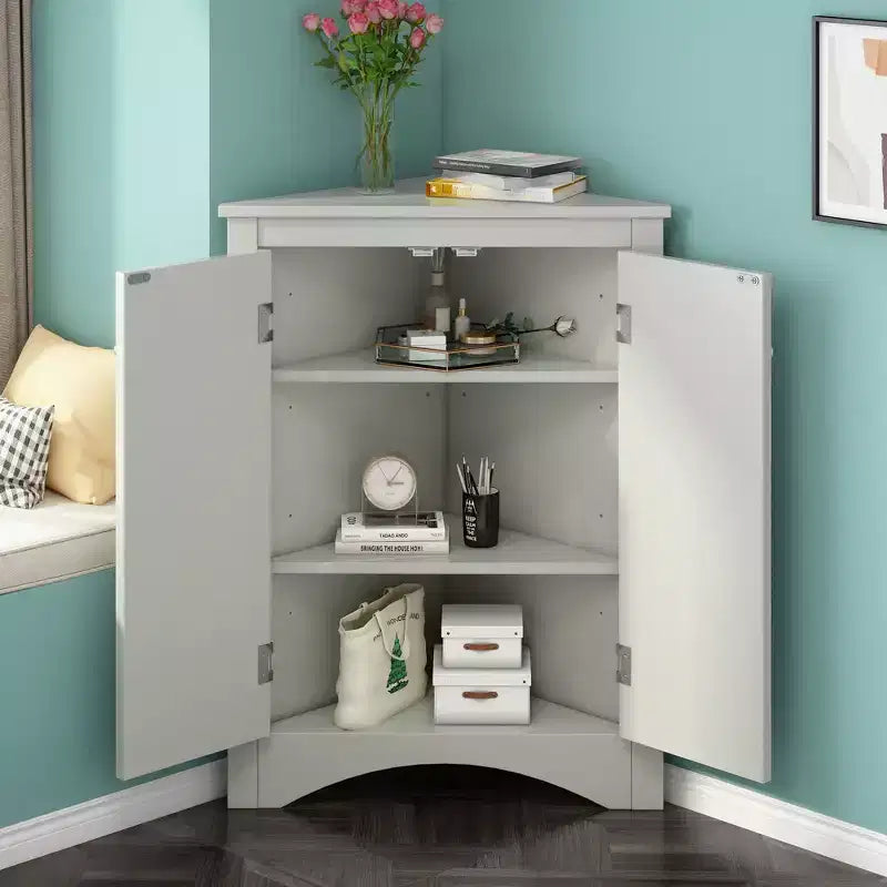 Modern Wood Bathroom Corner Storage Cabinet with Adjustable Shelf