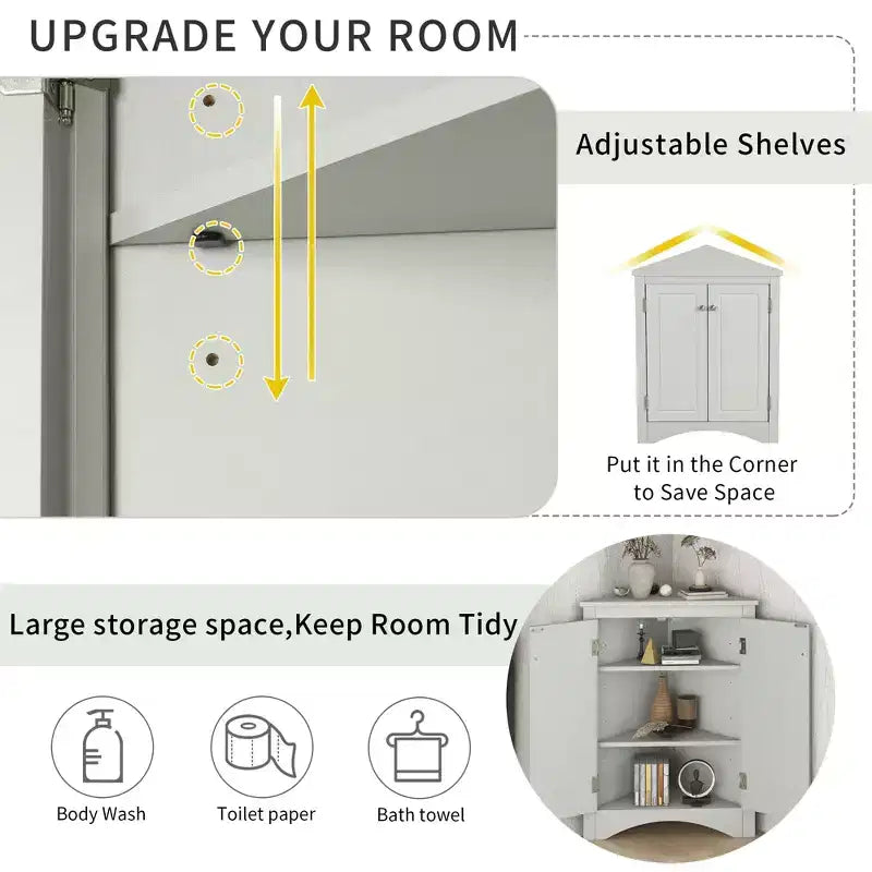 Modern Wood Bathroom Corner Storage Cabinet with Adjustable Shelf