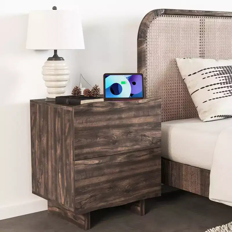 Bestier Wave Side Table with Drawer & Charging Station, AC Outlet, USB & Type-C Ports for Bedroom or Living Room