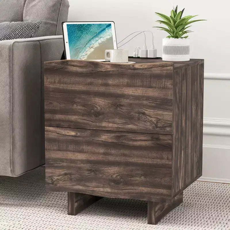 Wave Side Table with Drawer & Charging Station, AC Outlet, USB & Type-C Ports for Bedroom or Living Room