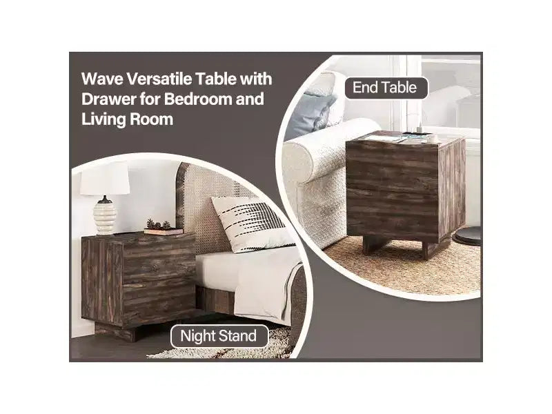 Wave Side Table with Drawer & Charging Station, AC Outlet, USB & Type-C Ports for Bedroom or Living Room