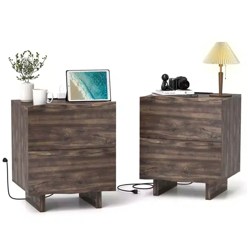 Wave Side Table with Drawer & Charging Station, AC Outlet, USB & Type-C Ports for Bedroom or Living Room