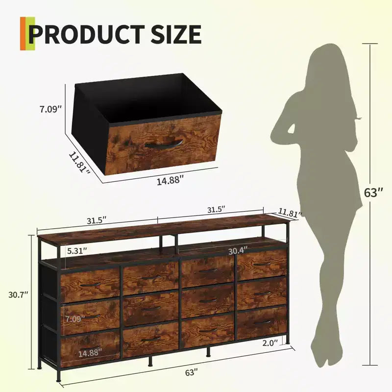 63 Inches Fabric Dresser TV Stand for Bedroom - 12 Drawer Long Dresser for Living Room - Black Chest of Drawers with Open Shelves