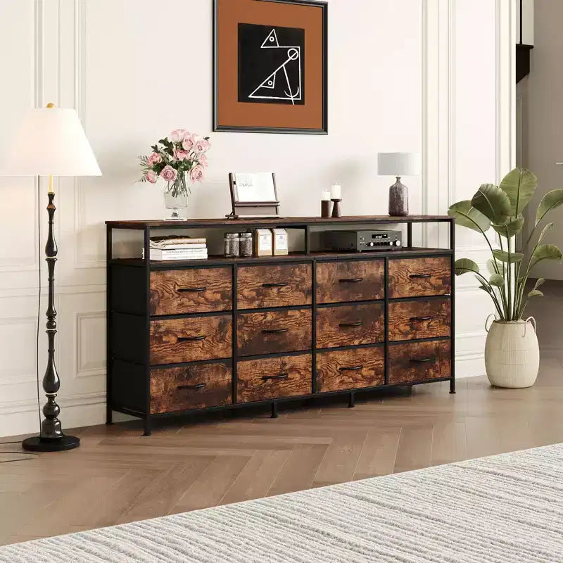 63 Inches Fabric Dresser TV Stand for Bedroom - 12 Drawer Long Dresser for Living Room - Black Chest of Drawers with Open Shelves