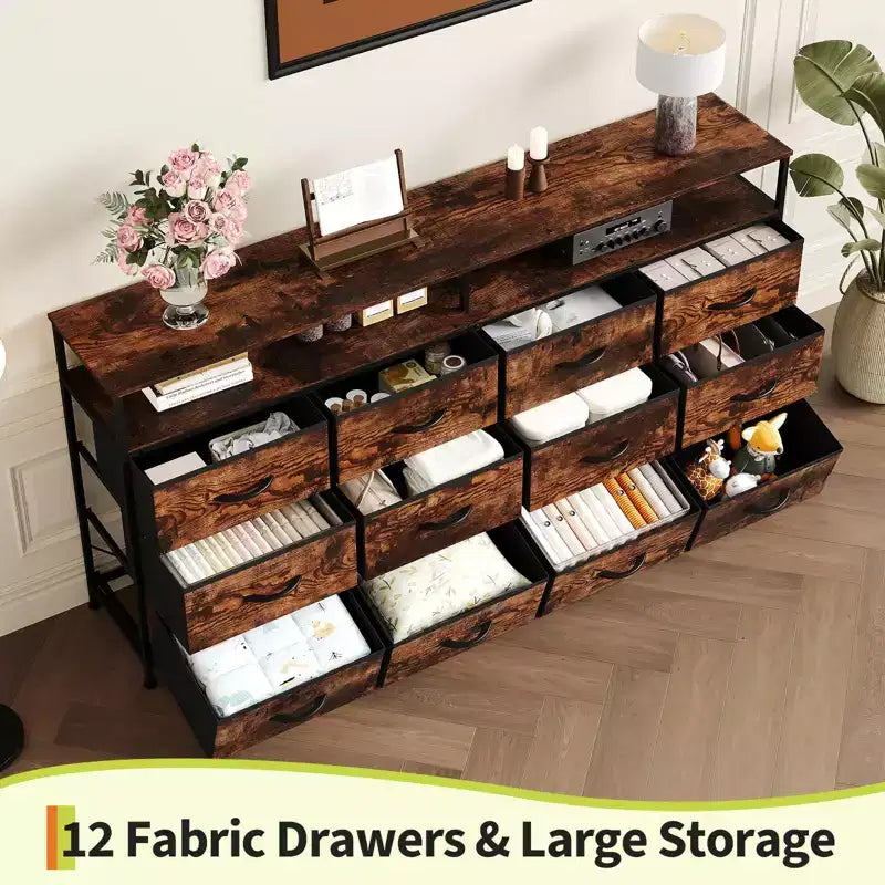 63 Inches Fabric Dresser TV Stand for Bedroom - 12 Drawer Long Dresser for Living Room - Black Chest of Drawers with Open Shelves