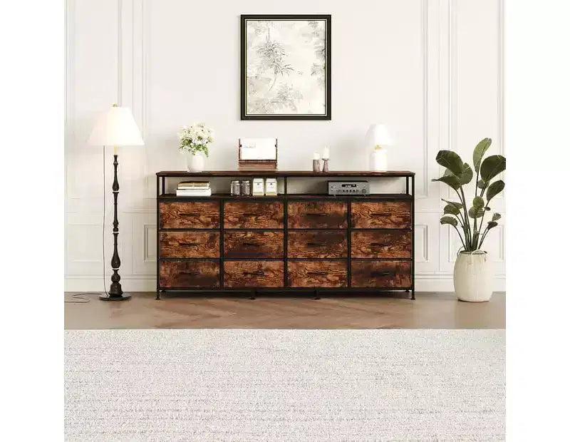 63 Inches Fabric Dresser TV Stand for Bedroom - 12 Drawer Long Dresser for Living Room - Black Chest of Drawers with Open Shelves