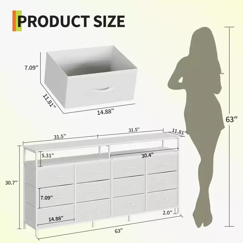 63 Inches Fabric Dresser TV Stand for Bedroom - 12 Drawer Long Dresser for Living Room - Black Chest of Drawers with Open Shelves