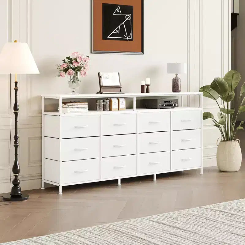 63 Inches Fabric Dresser TV Stand for Bedroom - 12 Drawer Long Dresser for Living Room - Black Chest of Drawers with Open Shelves