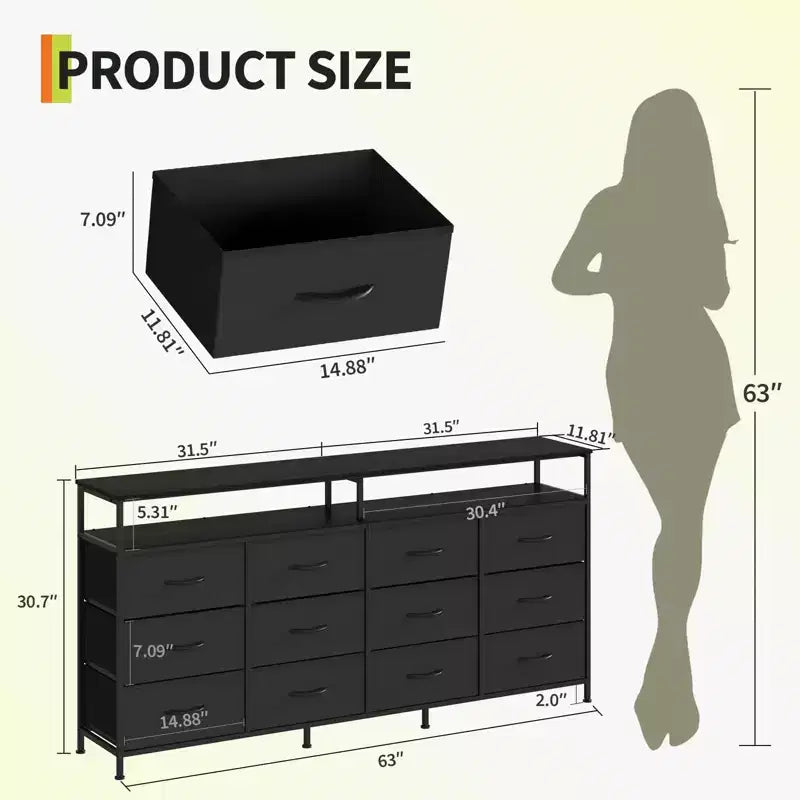 63 Inches Fabric Dresser TV Stand for Bedroom - 12 Drawer Long Dresser for Living Room - Black Chest of Drawers with Open Shelves