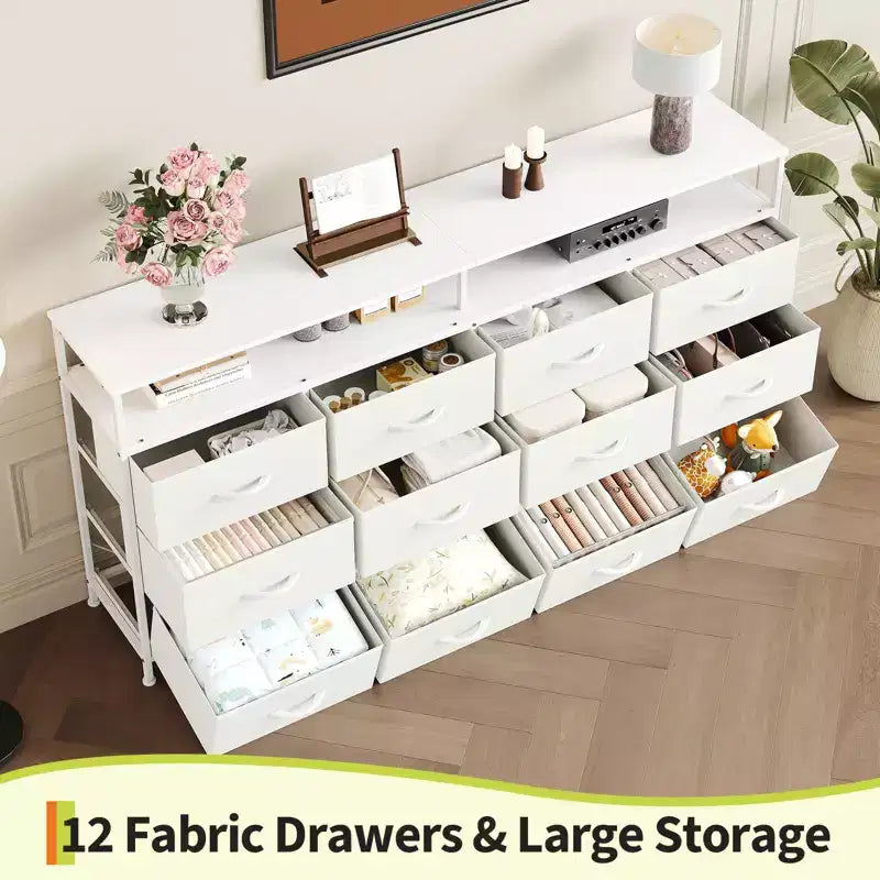 63 Inches Fabric Dresser TV Stand for Bedroom - 12 Drawer Long Dresser for Living Room - Black Chest of Drawers with Open Shelves
