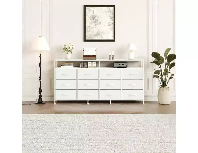 63 Inches Fabric Dresser TV Stand for Bedroom - 12 Drawer Long Dresser for Living Room - Black Chest of Drawers with Open Shelves